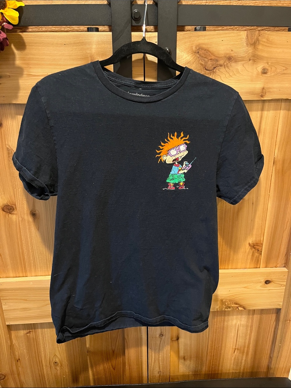 Nickelodeon Black Tee with Colorful Rugrats Chuckie Chest/Tommy Back Graphic